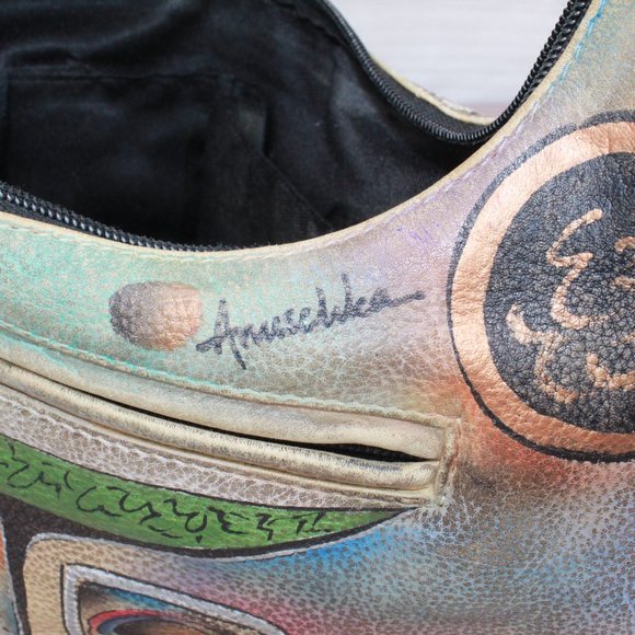 Vintage Anuschka Multicolor Hand Painted Leather Purse Hobo Shoulder Handbag - Picture 10 of 11